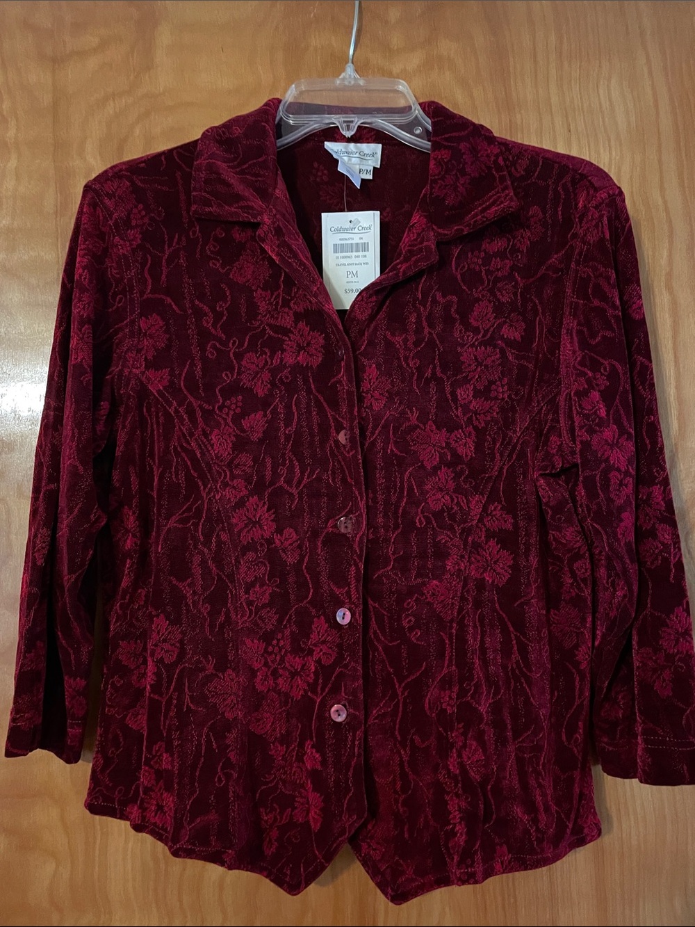 Coldwater Creek Burgundy Floral Velvet Button-Down Top